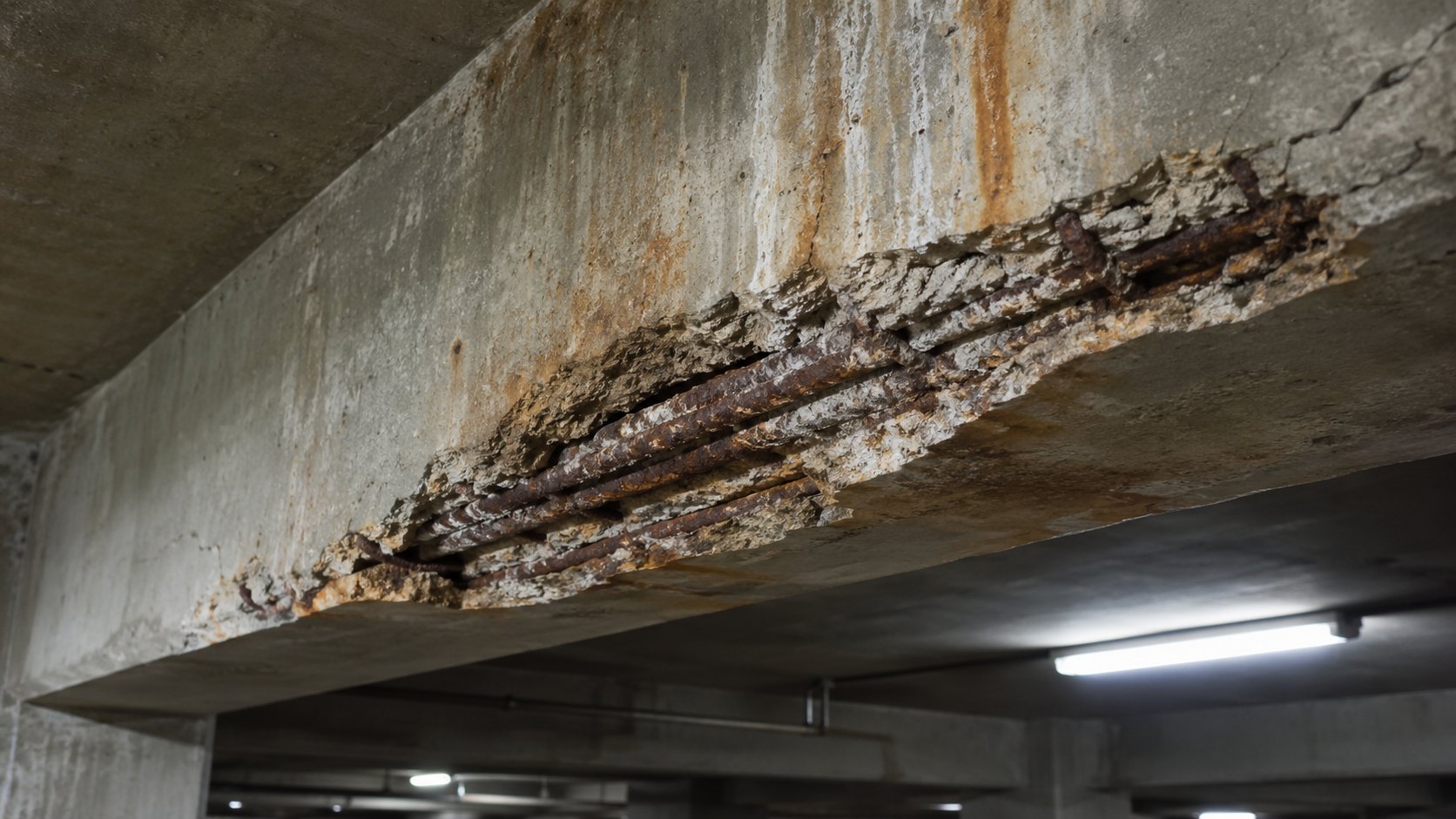 Documentary close-up inside an underground concrete parking garage of a ceiling beam with a spalled patch where the concrete has broken away to expose rusted reinforcing steel, with rust-brown stains and white efflorescence streaking down the concrete, lit by harsh overhead fluorescent light. No people, no text.