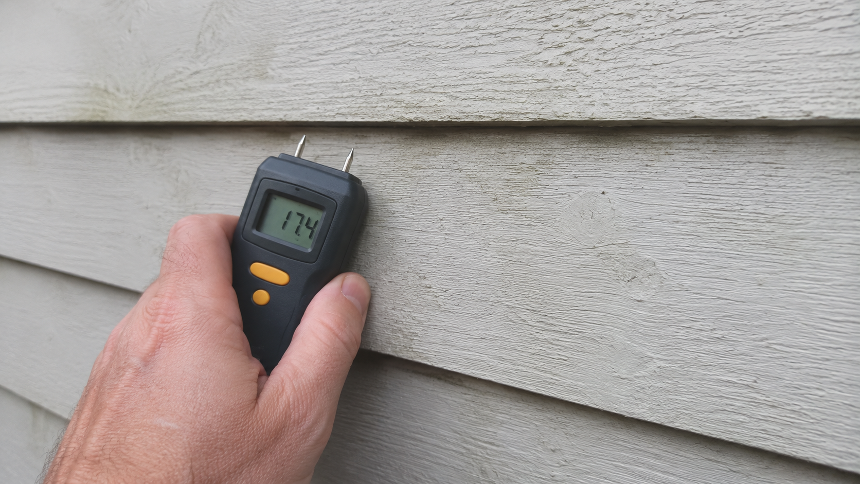 Digital moisture meter being held against painted exterior wood siding during a building inspection