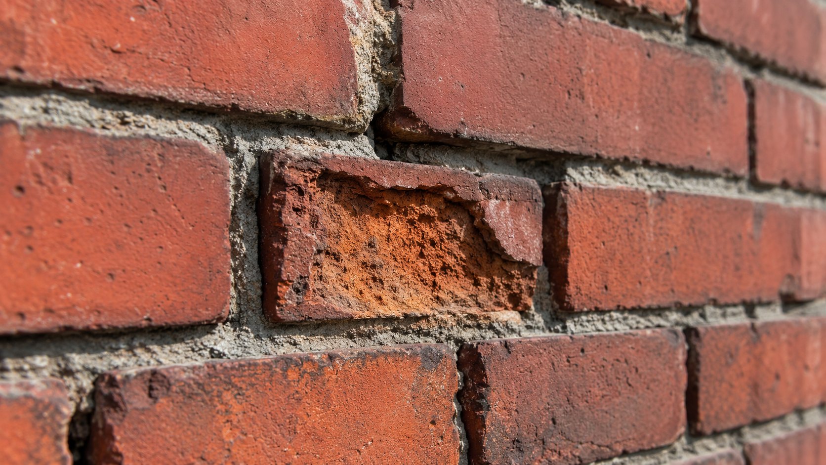 Close-up of a red-brick building wall in raking sunlight showing receding mortar joints and one spalled brick with its face flaked off, exposing crumbly orange interior.