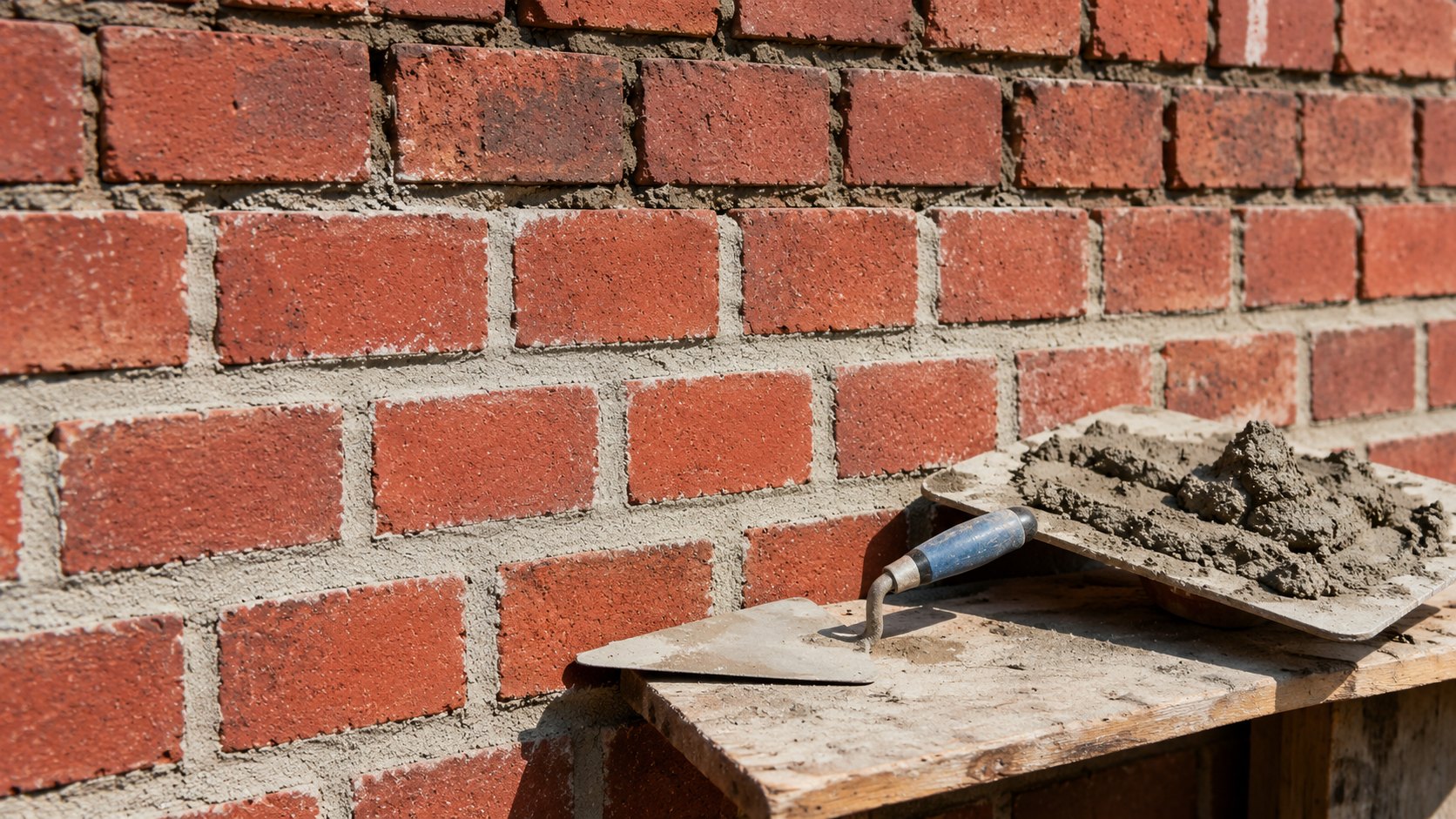 A brick wall mid-repointing in summer sunlight with fresh light-grey mortar joints and a pointing trowel and hawk of fresh mortar resting against the wall.