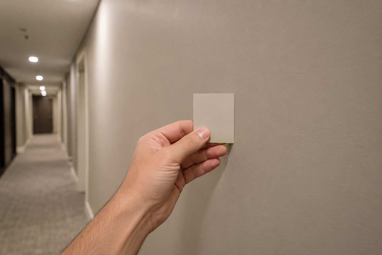A hand holding a small paint colour chip against a large painted condo corridor wall