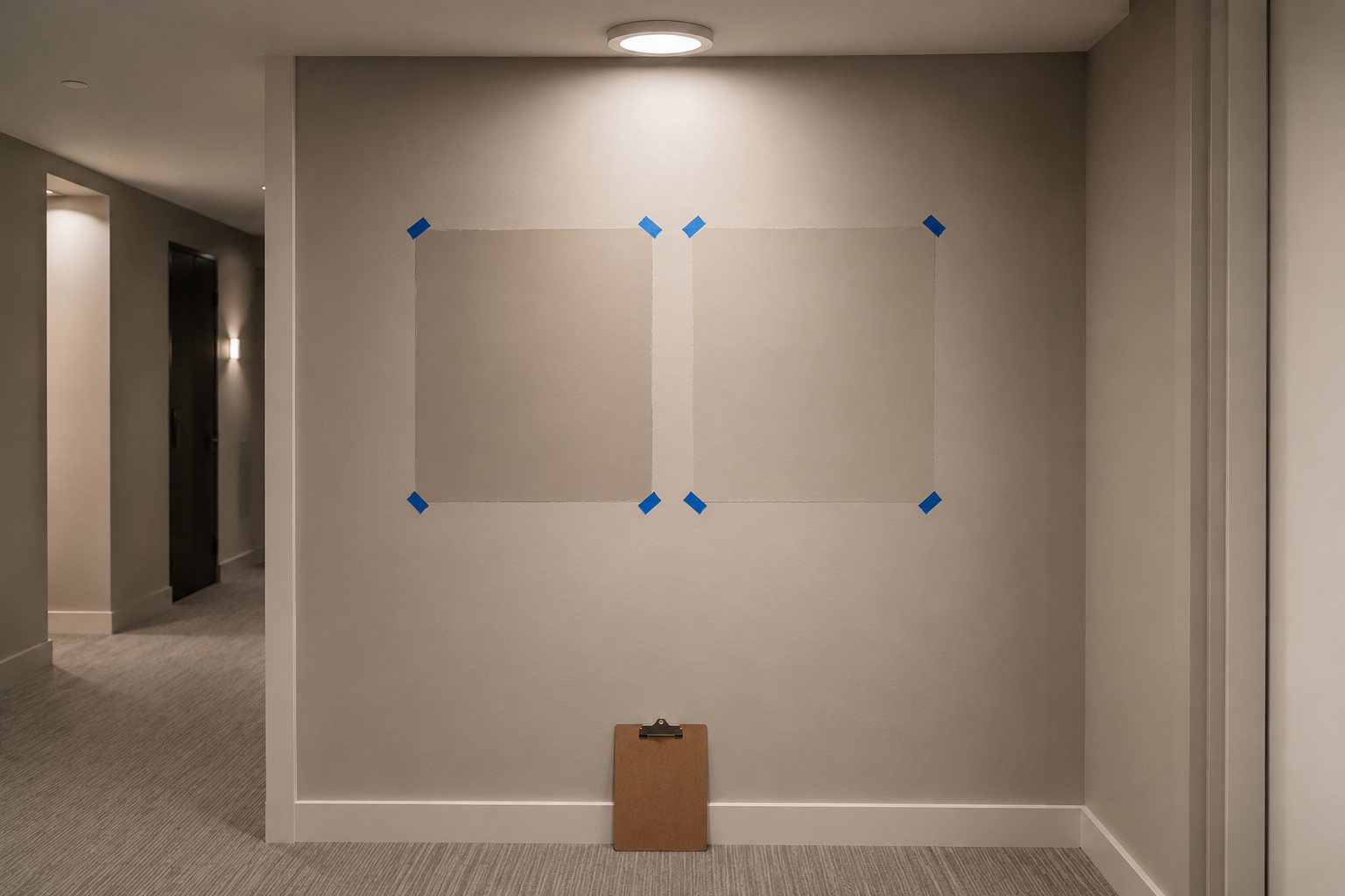 Two large painted paint sample squares taped to a condo corridor wall under an LED ceiling fixture