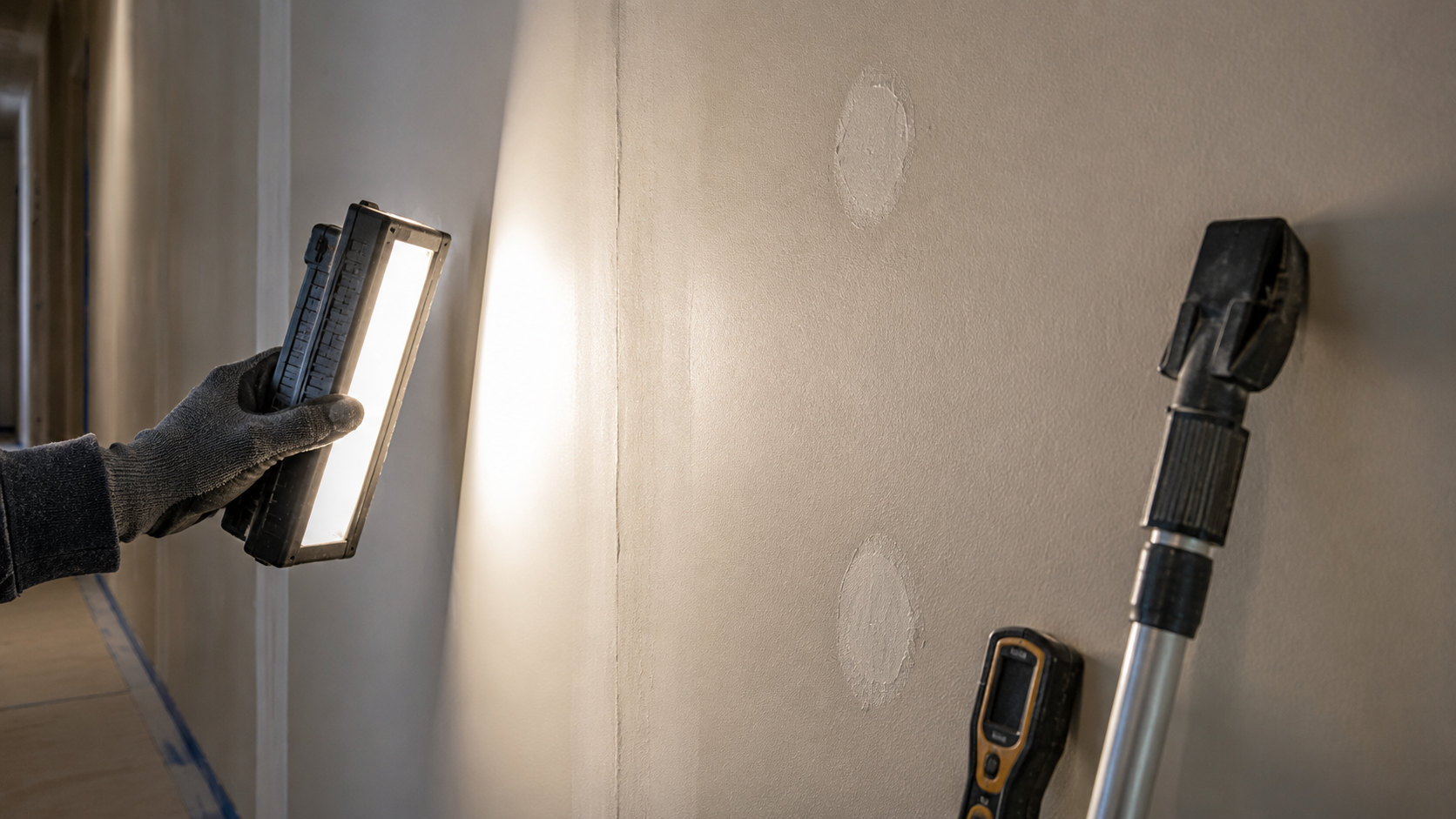 A handheld inspection light raking across a corridor wall, revealing a raised drywall joint and patch ghost marks