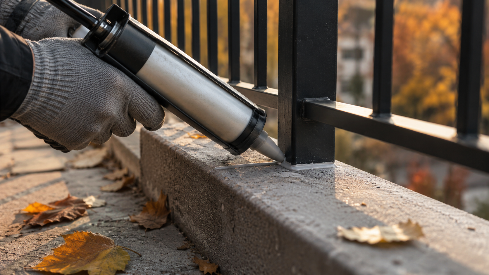 A gloved hand sealing the joint where a metal balcony railing post meets a concrete slab, with autumn leaves nearby