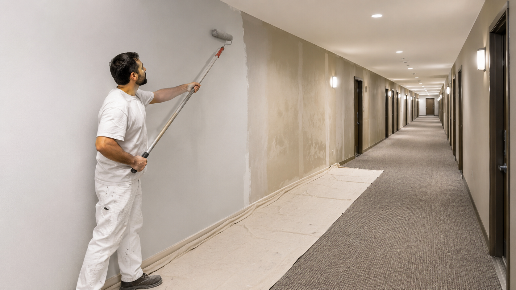 Painter rolling fresh light-grey paint onto a condo corridor wall during a common-area repaint, drop cloth along the base, residents’ unit doors receding down the hallway