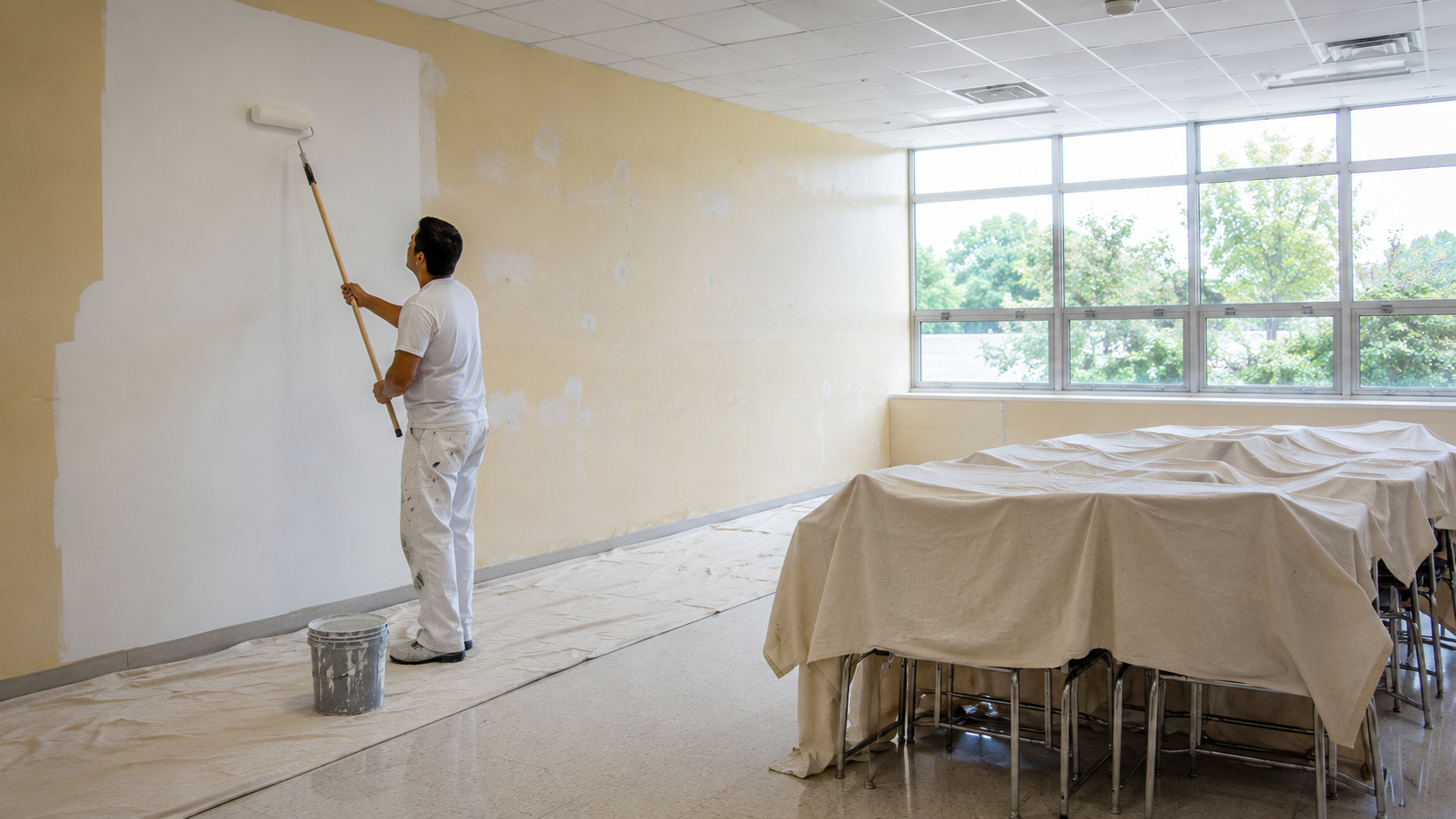 A painter rolling fresh paint in an empty school classroom over summer break in Ottawa