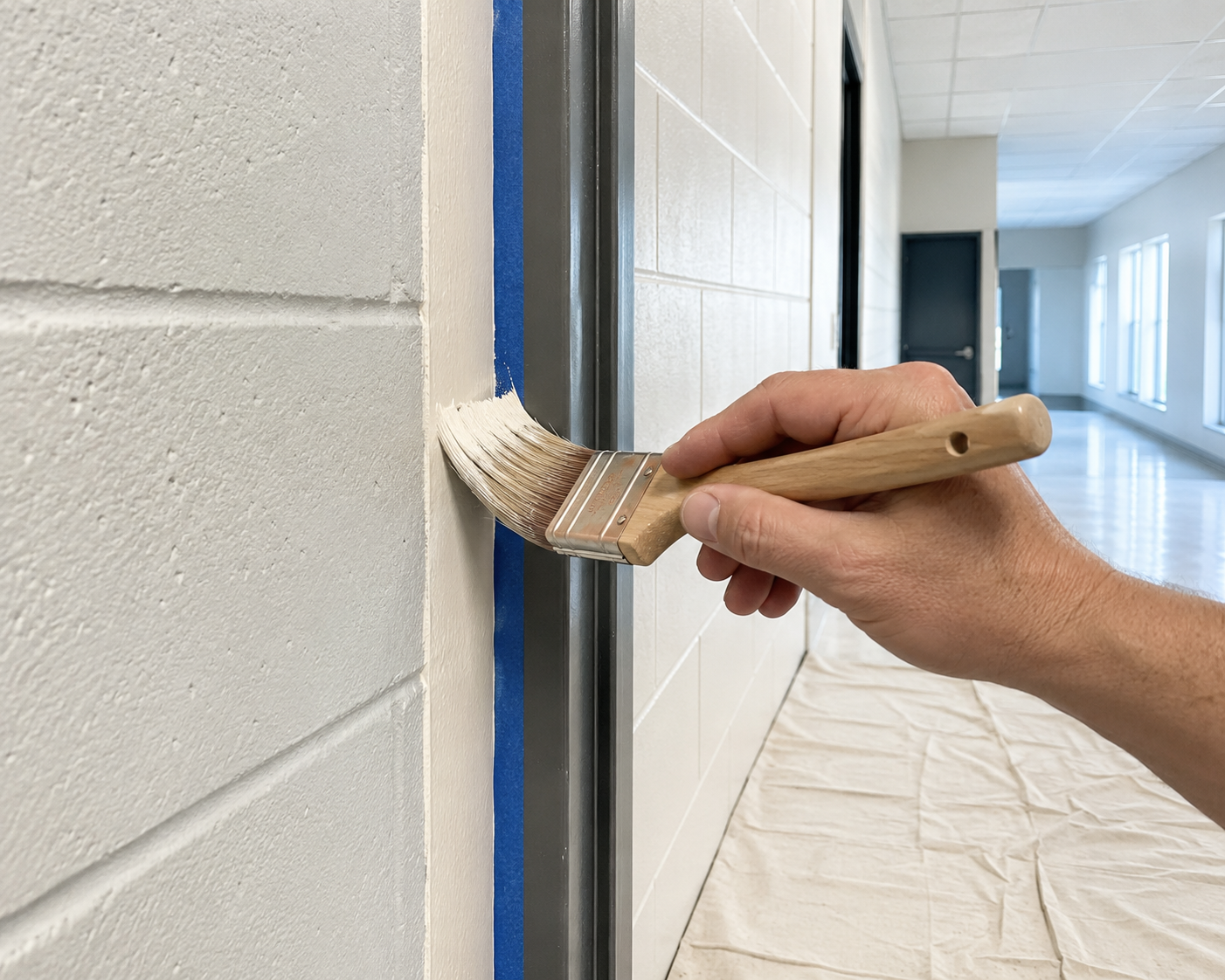 A painter cutting in fresh paint along a school door frame with an angled sash brush and blue tape