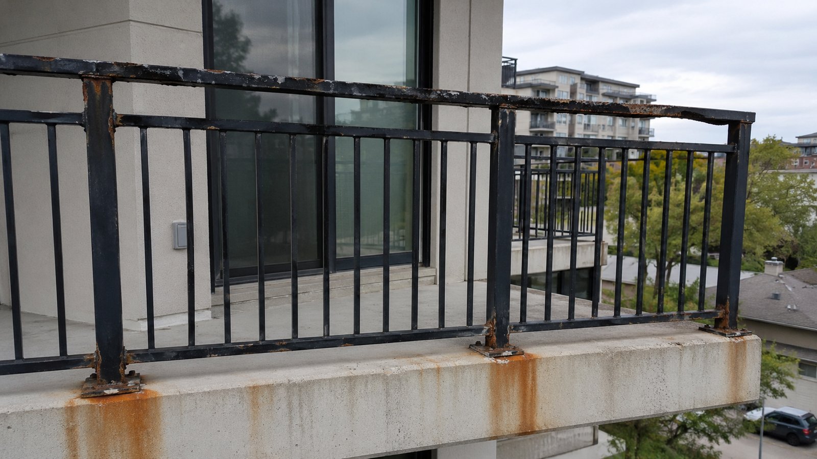 A balcony guardrail on a mid-rise condo, painted black metal, with visible rust streaks bleeding through the paint at the welds and base plates and some paint peeling away from the top rail. Daytime, realistic, slightly overcast Ottawa spring light. No people in frame.