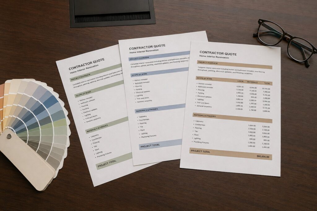 Three contractor quotes compared on a boardroom table