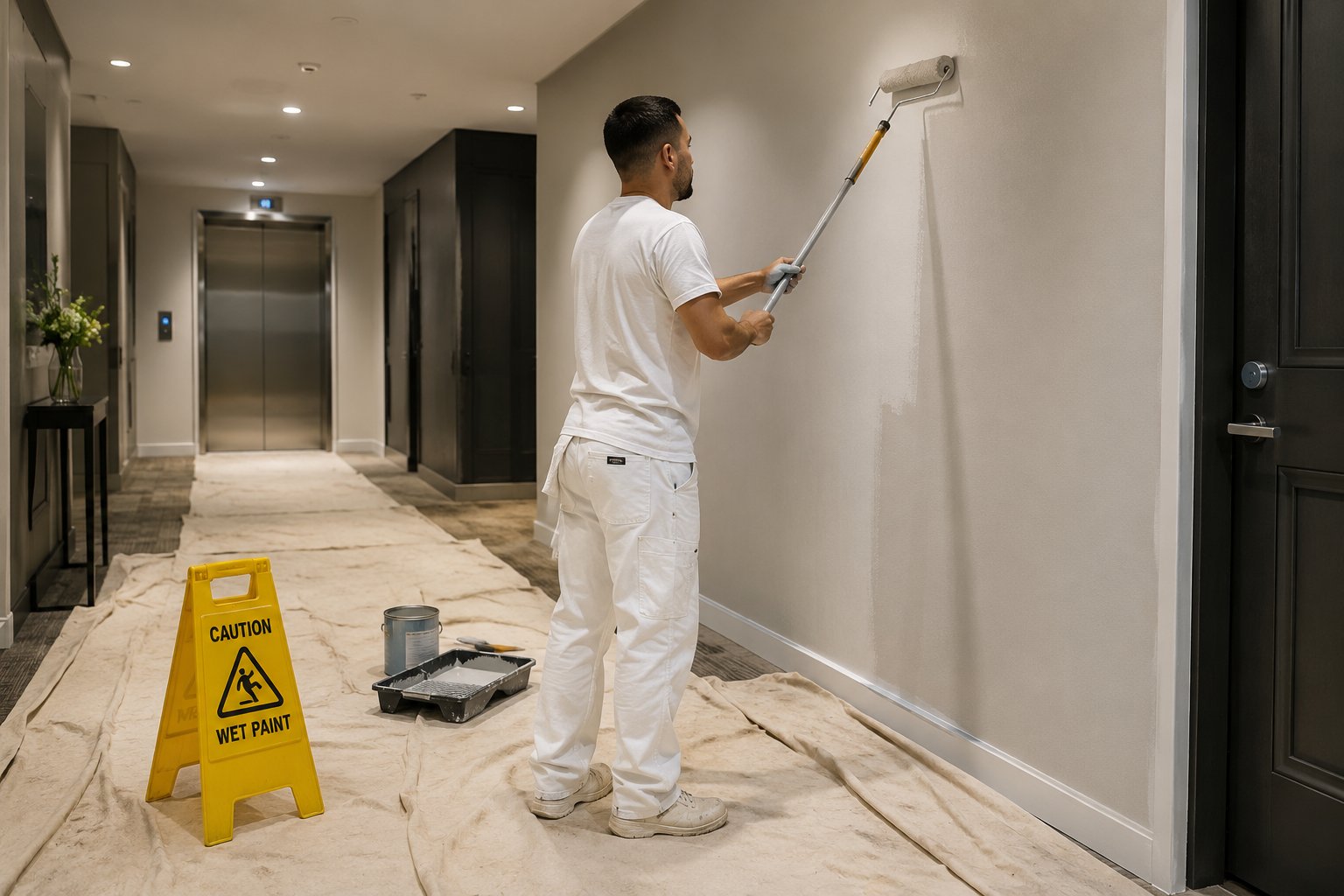 Painter rolling a condo corridor wall with the carpet protected by drop cloths and a wet paint sign