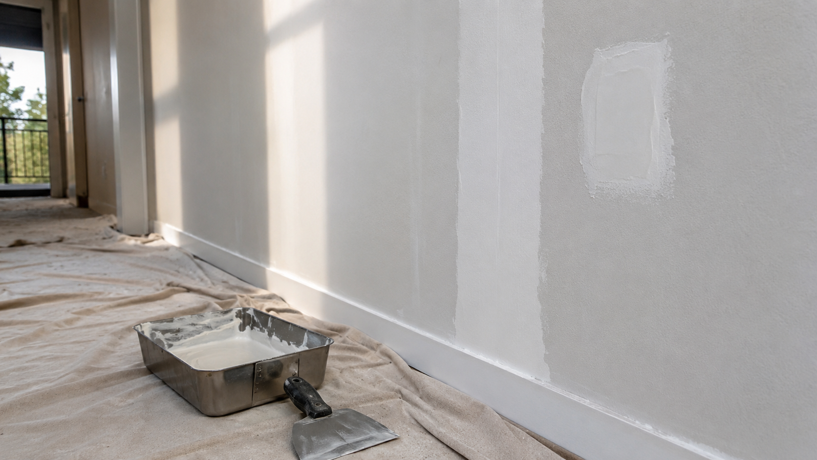 a condo corridor wall in raking afternoon light showing a freshly skim-coated drywall seam and a patched area under white primer, a taping knife and a tray of joint compound on a canvas drop cloth, documentary style, no people