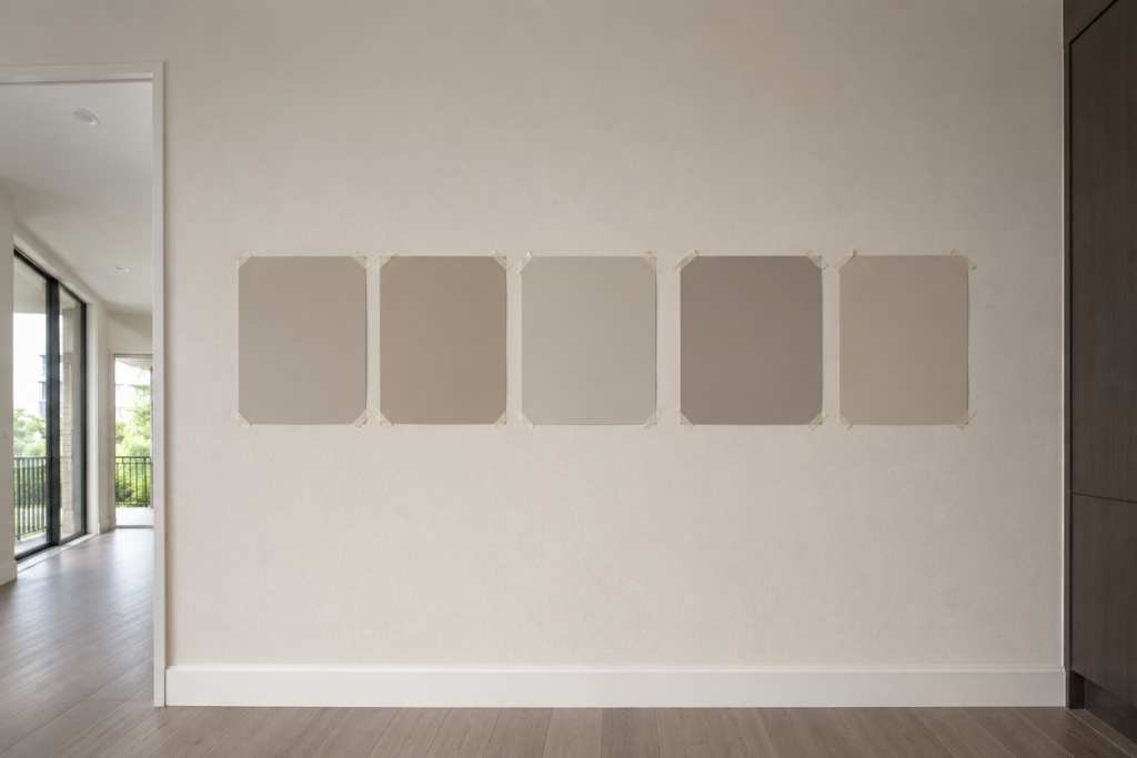 Large painted colour sample boards in warm neutrals taped side by side to a condominium corridor wall in daylight