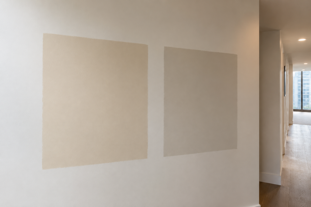 Two large paint colour swatches on a condominium hallway wall, the same neutral reading warmer near a window and cooler under the ceiling light