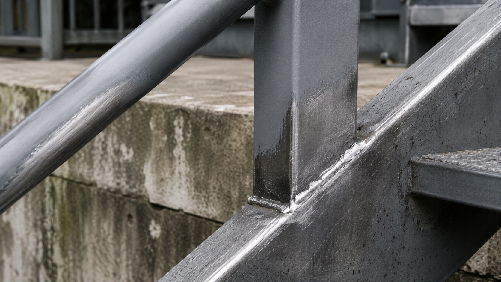 A close section of exterior commercial steel stair railing and welded stringer prepped for repainting — bare steel ground back to bright metal at the welded joint with grey primer starting, weathered concrete behind