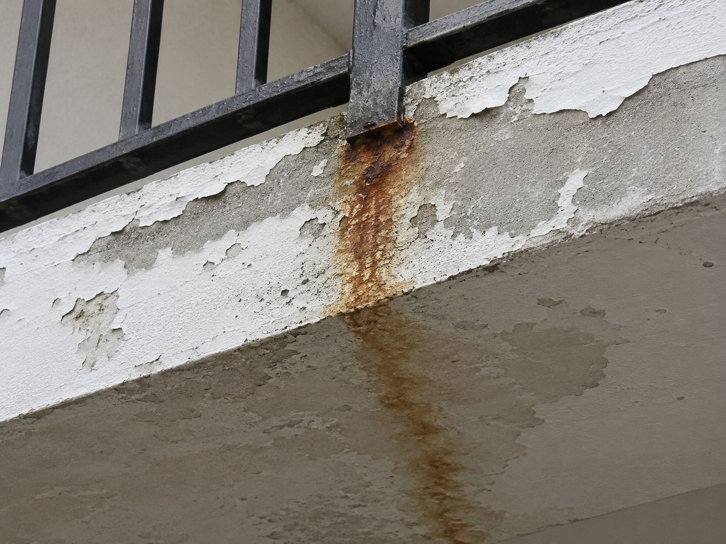 Rust bleeding and staining down a concrete edge from the base of an exterior steel railing post, with paint peeling nearby — corrosion starting at a connection