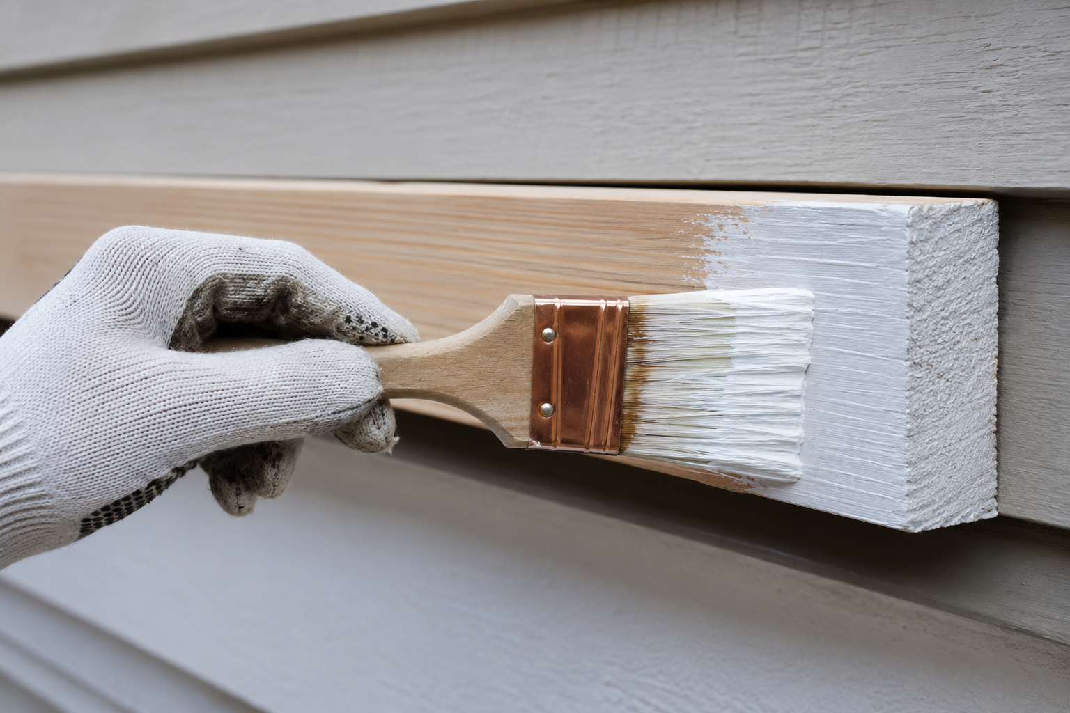 A painter’s gloved hand brushing white primer onto a bare, sanded exterior wood trim board, coating the cut end grain