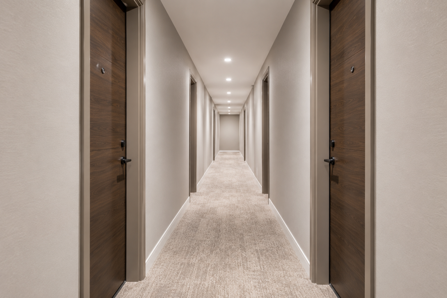 Freshly painted interior condominium corridor with warm greige walls, wood-look unit doors and even overhead recessed lighting