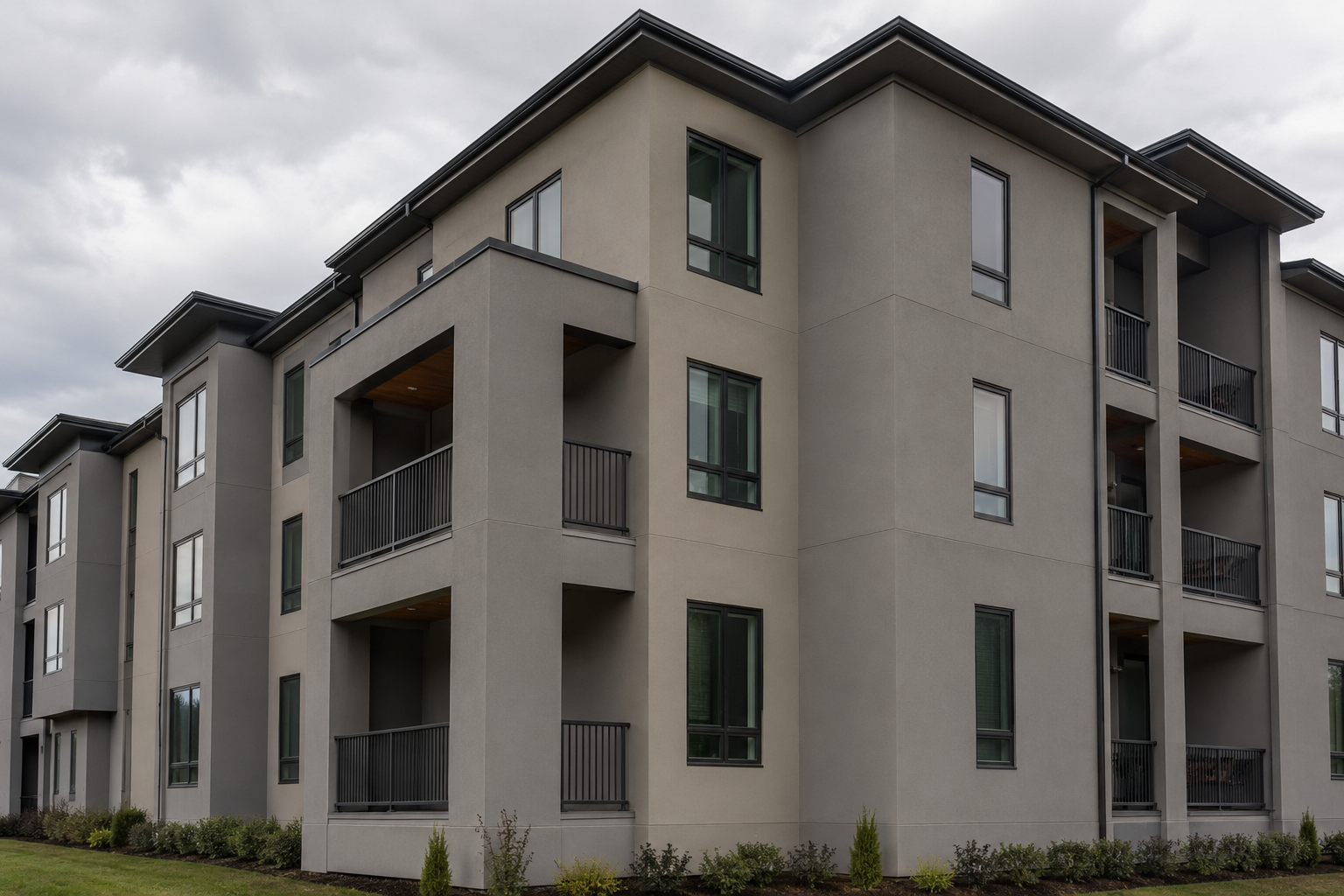 A multi-storey condominium building exterior with a clean, uniform freshly repainted finish across all elevations