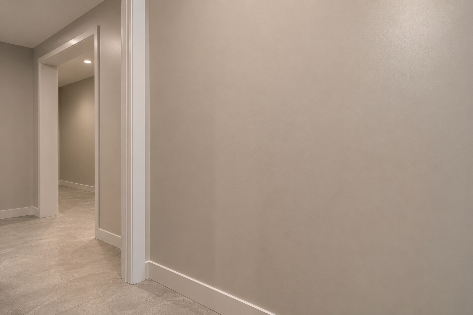A smooth freshly painted interior condo corridor wall meeting a crisp white painted door frame and baseboard, even low-sheen finish