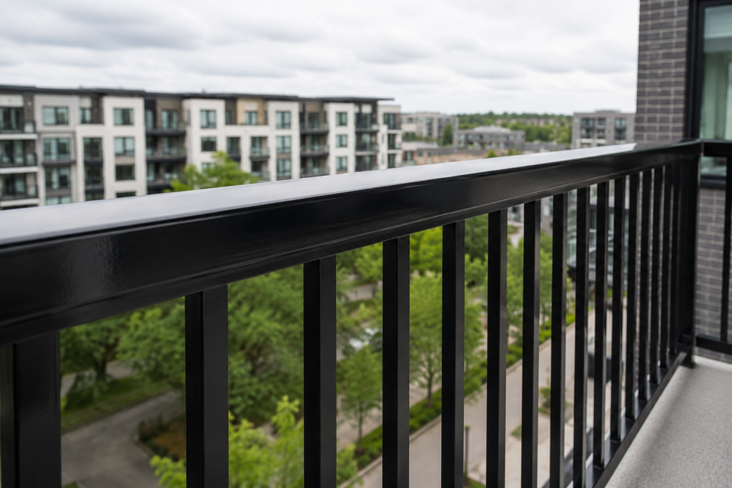 Freshly repainted black metal balcony railing on an Ottawa mid-rise condominium balcony