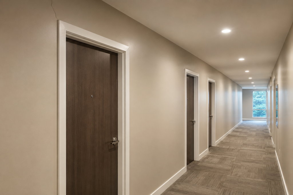 Hairline drywall crack above a suite door frame in a condominium corridor