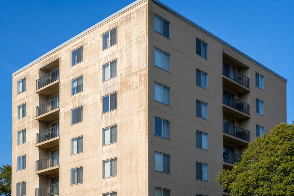 Corner of a mid-rise condo building: sunlit wall faded and chalky, shaded wall same colour but clean