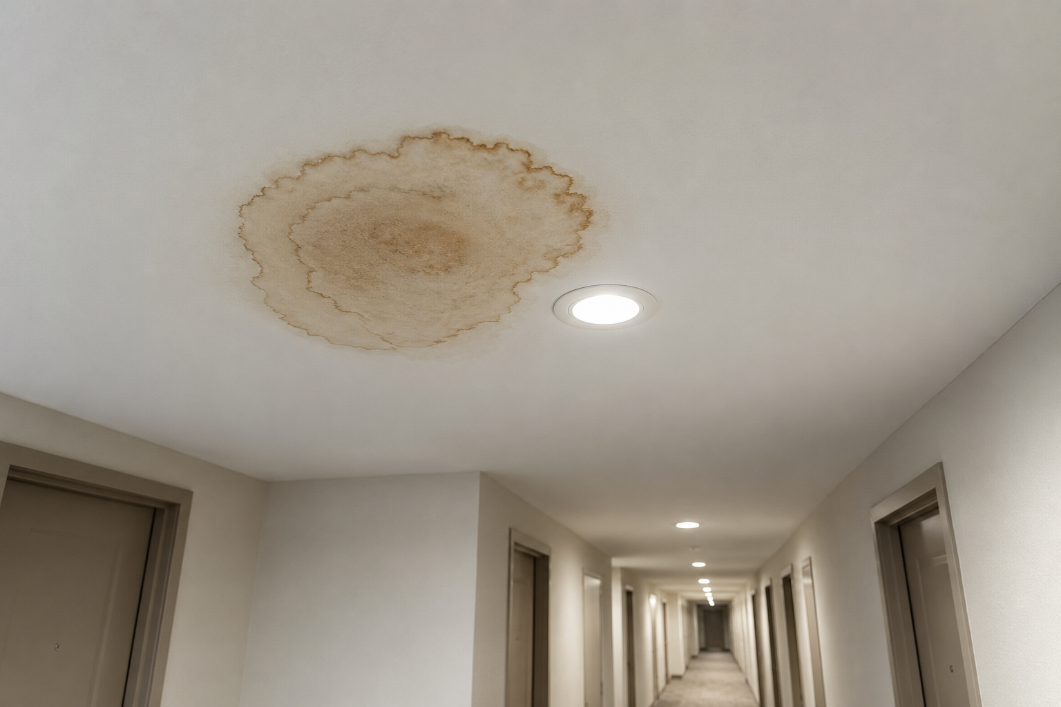 Brown tide-line water stain on the white ceiling of a condominium corridor beside a recessed light fixture