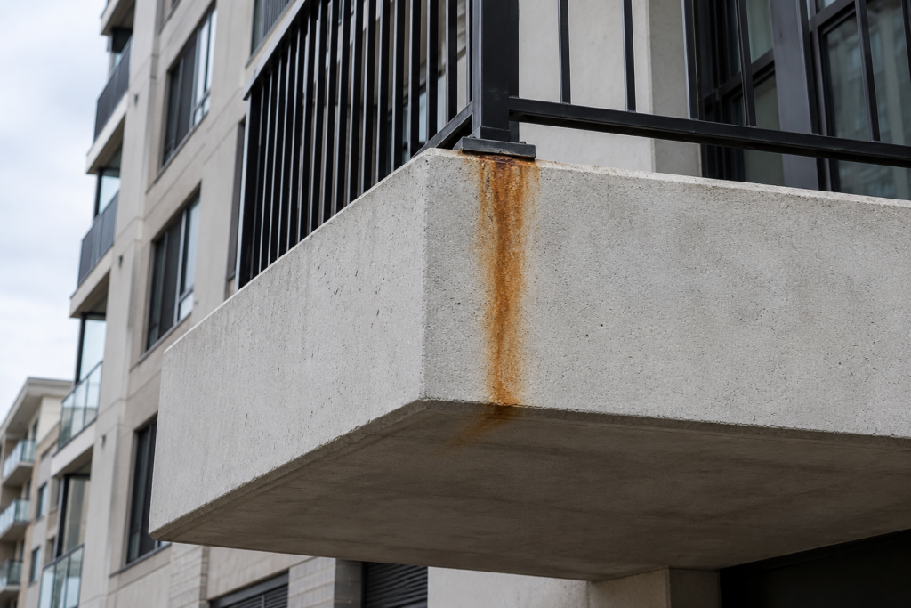 Rust stain running down the concrete edge of a mid-rise condominium balcony slab from the base of a black steel railing post