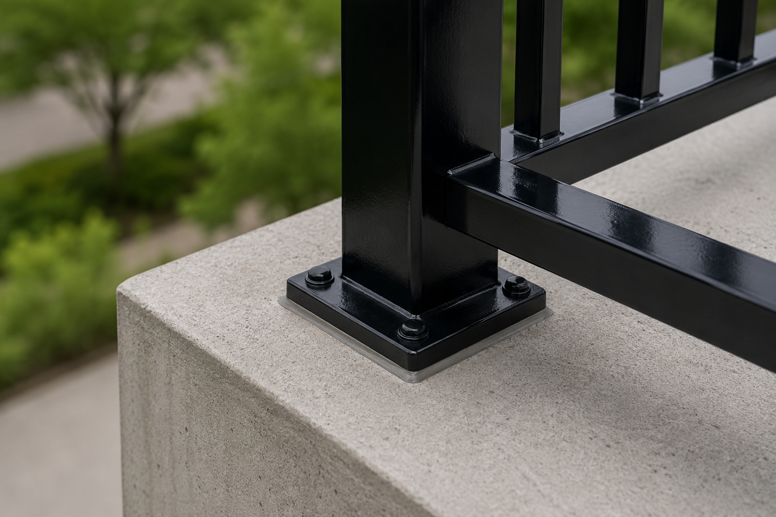 Painted black railing post base with sealant line where it meets the concrete balcony slab