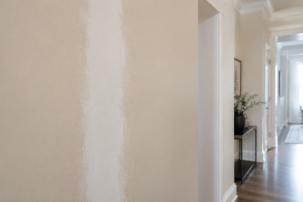 Fresh joint compound feathered over a taped drywall seam repair in a hallway