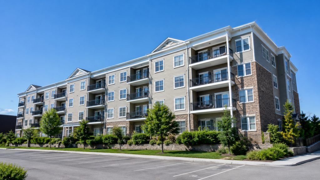 Mid-rise Ottawa condominium building exterior with freshly painted balconies and trim under a clear summer sky