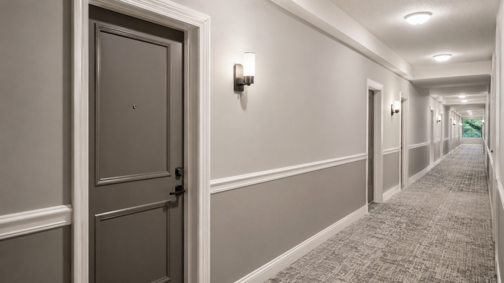 Freshly repainted condominium common-area corridor with neutral two-tone walls, trim and patterned carpet