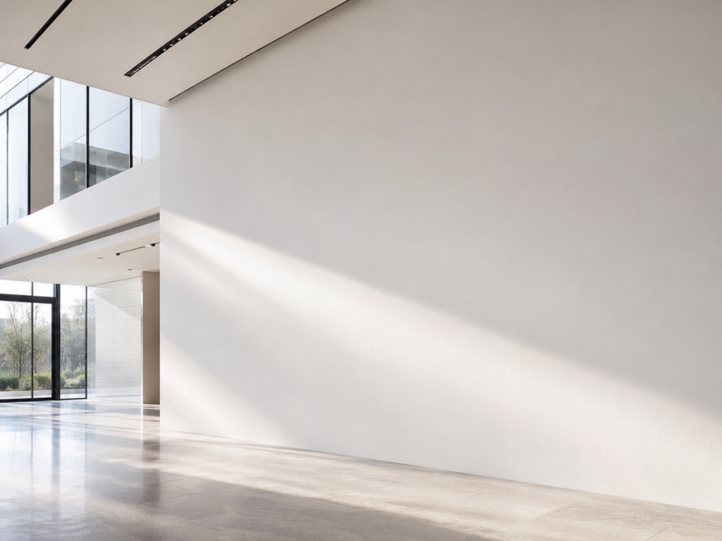A smooth, flat primer-white drywall wall in a bright commercial lobby with daylight raking across it, showing a seamless finish