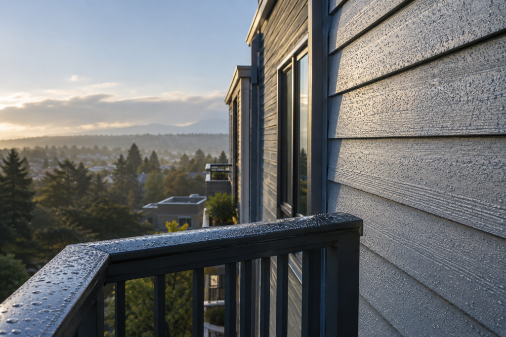 Mid-rise building exterior wall and railing with morning dew in early light