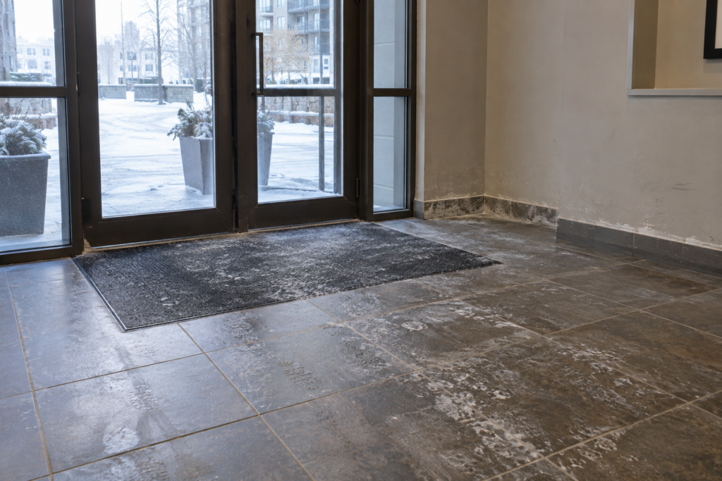 Condominium entrance vestibule in winter light with road-salt residue on the tile floor and lower wall