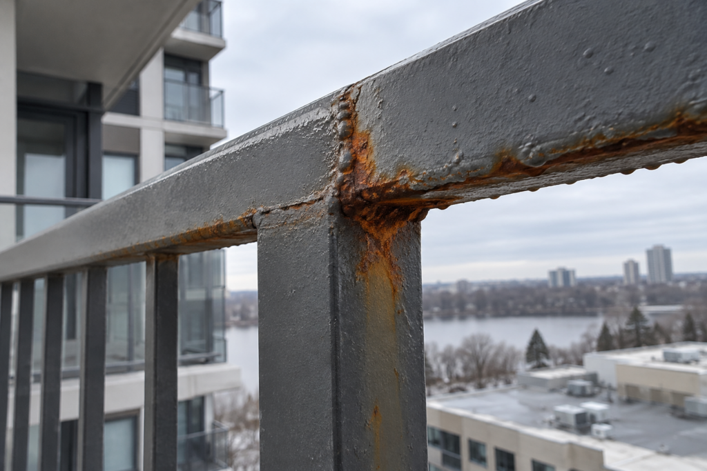 Rust breaking through paint at a weld on a condo balcony railing