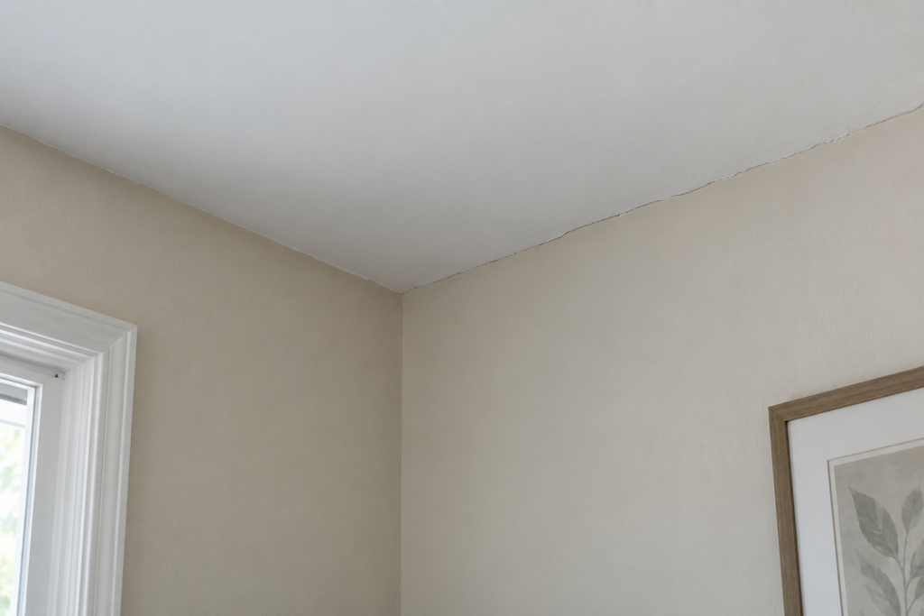 Fine crack along the ceiling-wall joint in a townhome room corner