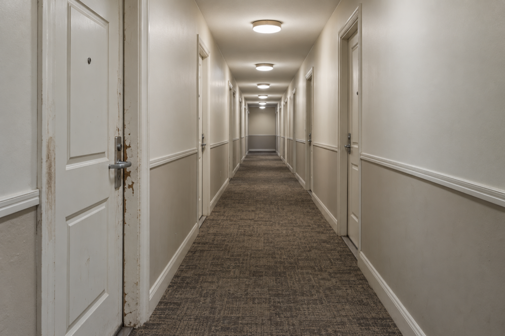 Condo corridor with a chipped suite door and scuffed frame