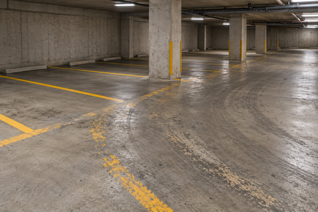 Underground parking garage with worn yellow stall lines
