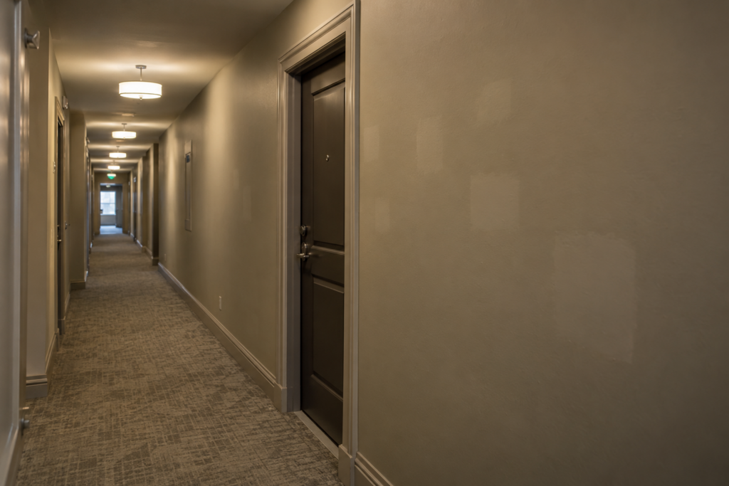 Condo hallway wall with mismatched paint touch-up patches