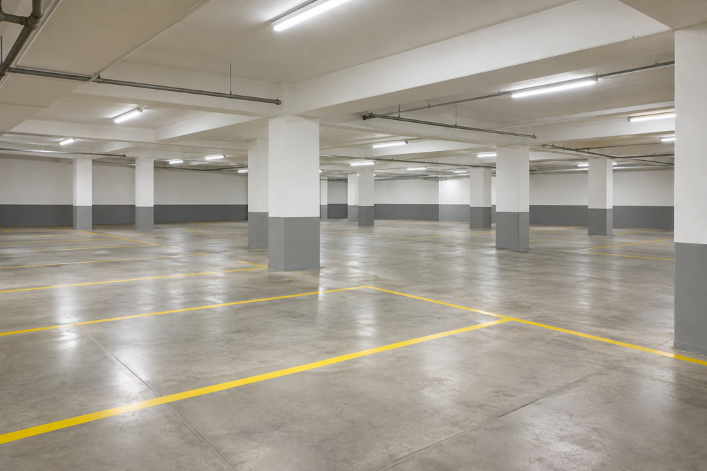 Underground condo parking garage with a freshly painted white ceiling and columns