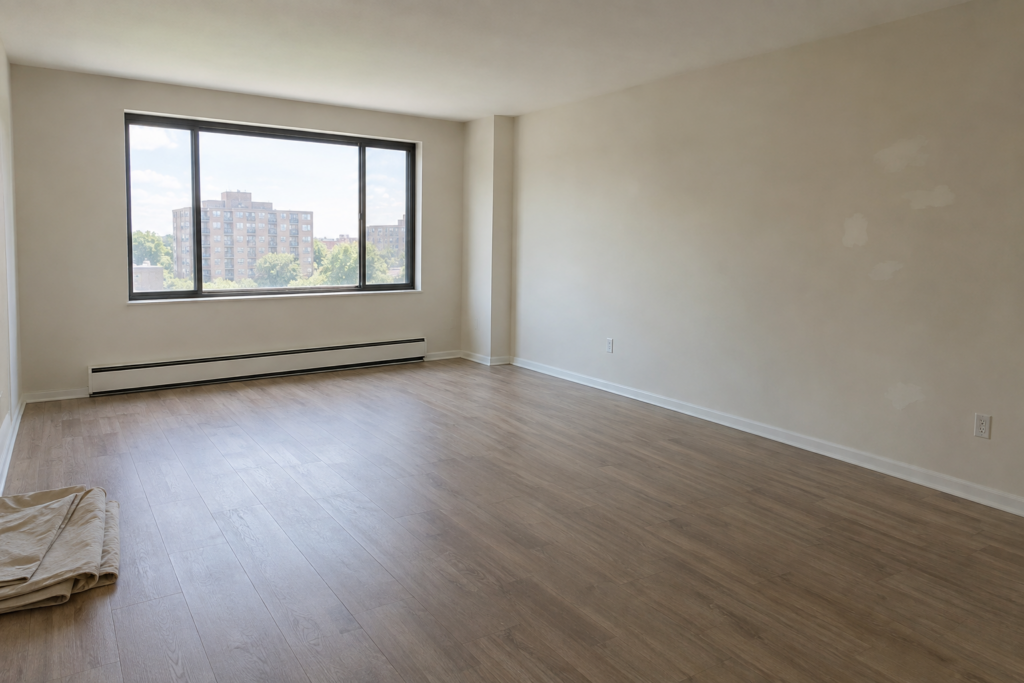 Vacant apartment living room freshly painted off-white during a unit turnover