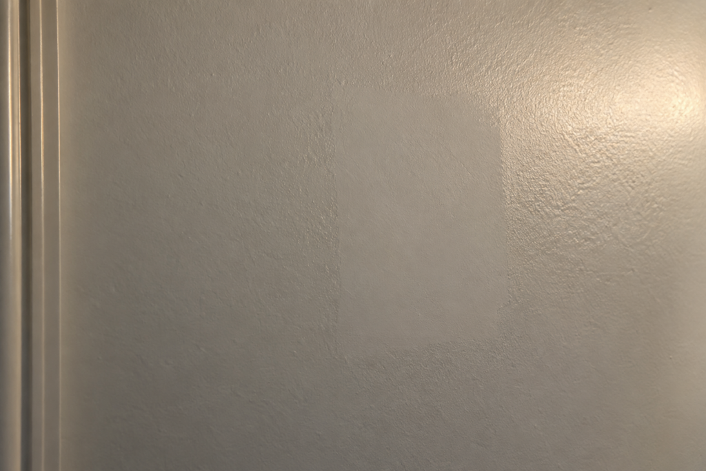 Dull repaired drywall area against satin paint under side light