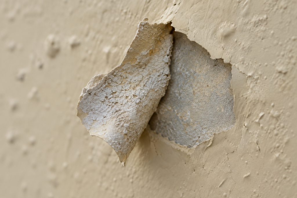 Close-up of a broken paint blister with chalky residue