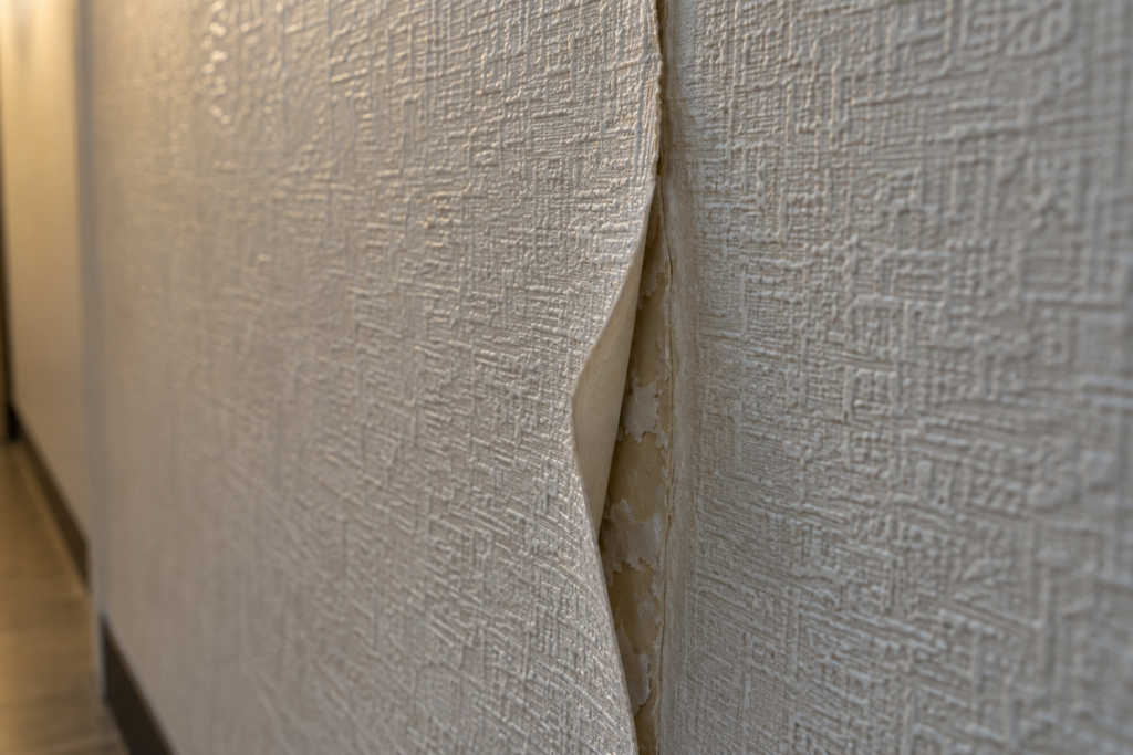 Close-up of a peeling vinyl wallcovering seam showing backing and glue