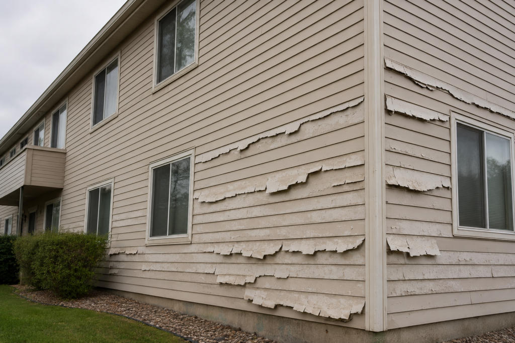 Aluminum siding with paint peeling in sheets on a low-rise building