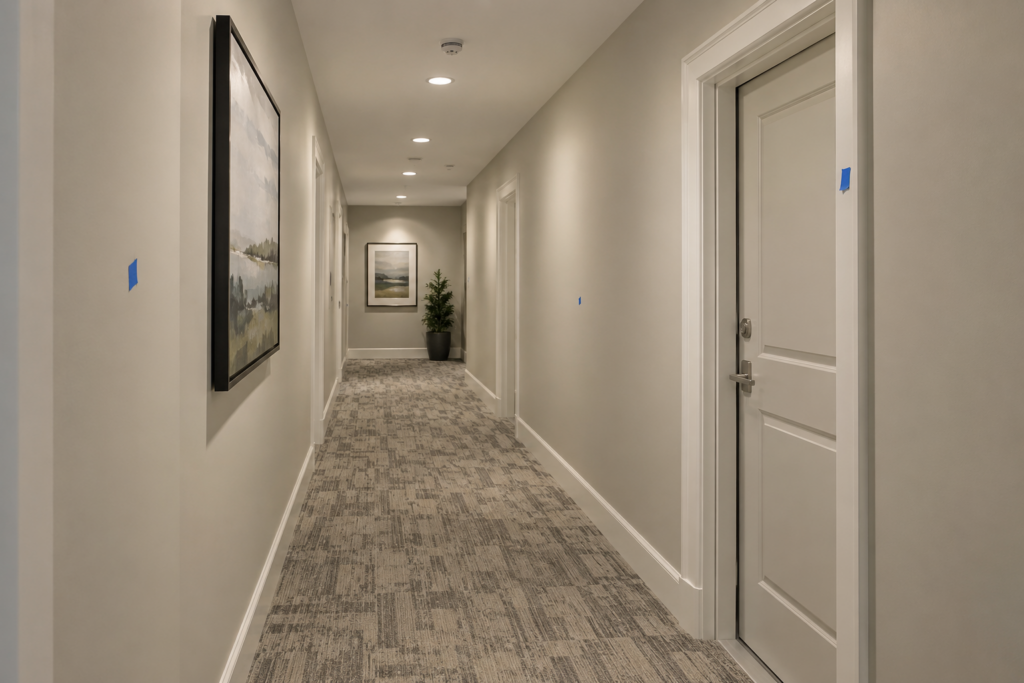 Freshly repainted condo corridor with blue tape marking touch-up spots