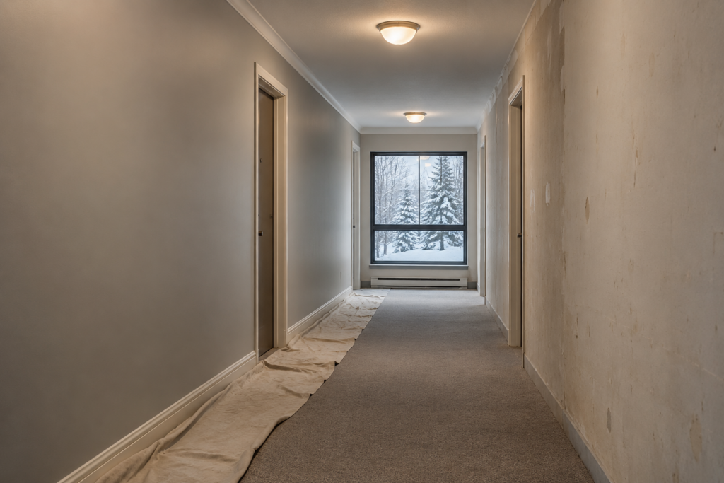Condo corridor mid-repaint in winter, snow outside the end window