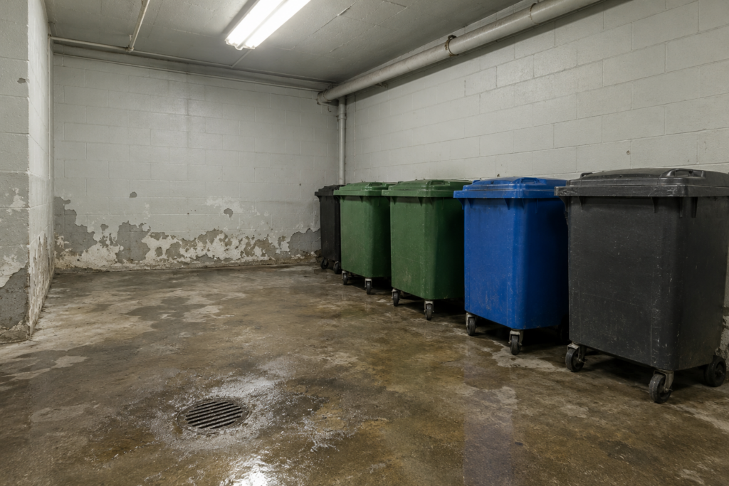 Condo garbage room with paint peeling off the lower block walls