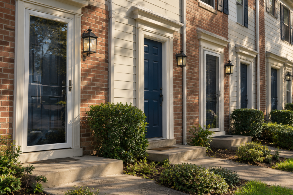 Row of condo townhouse entrances with navy front doors and glass storm doors